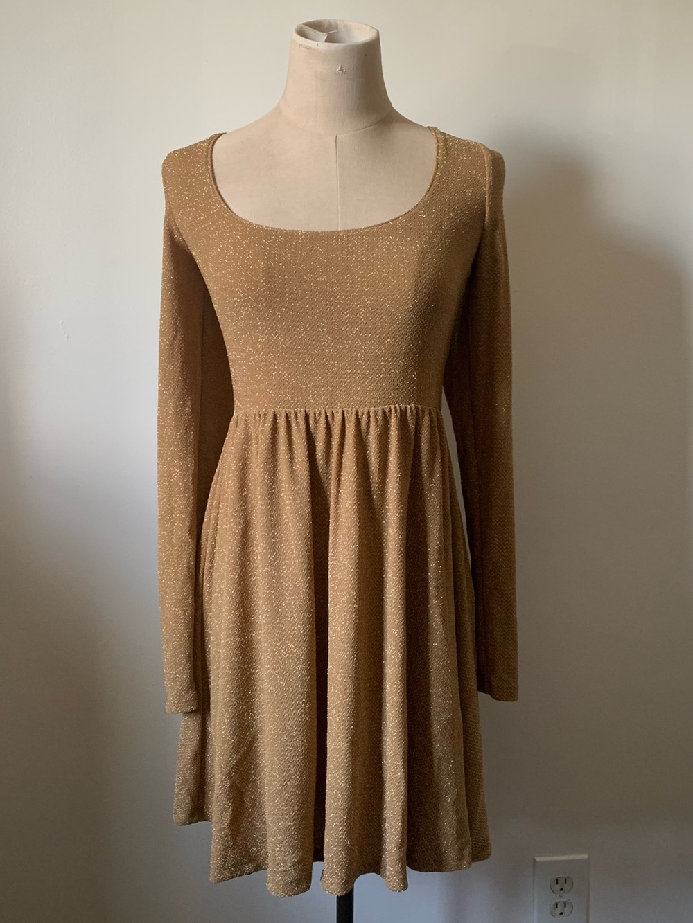 Free People Gold Metallic Shimmer Long Sleeve Skater Mini Dress